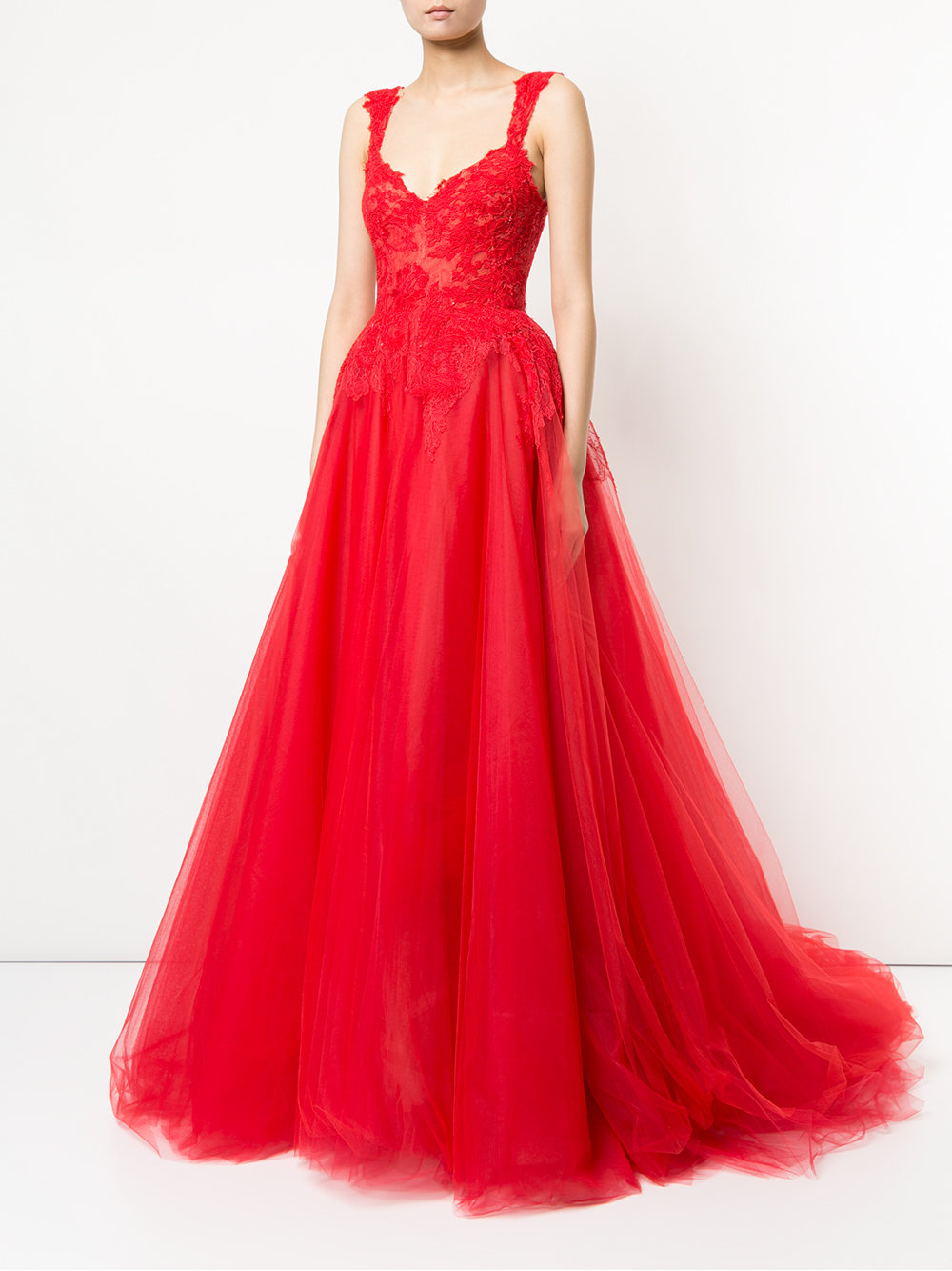 Monique Lhuillier Lace-Embroidered Flared Ball Gown 