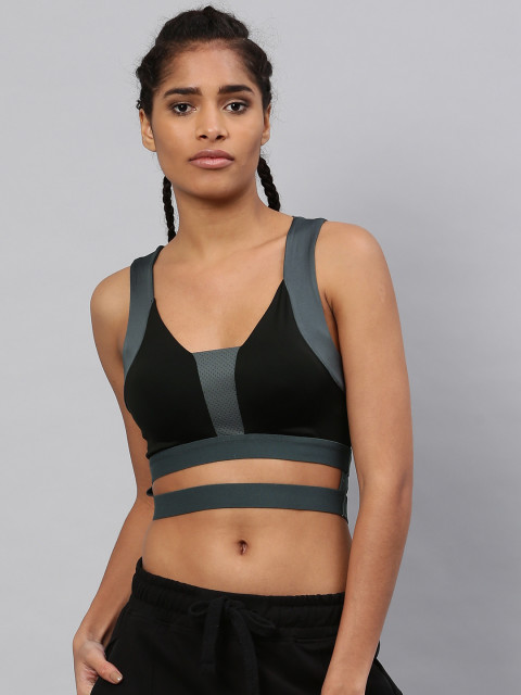 HRX by Hrithik Roshan Black & Grey Solid Non-Wired Lightly Padded Sports Bra