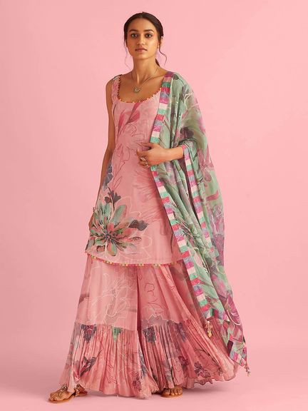 Saundh Floral Fantasy Pink Crepe Sharara Set
