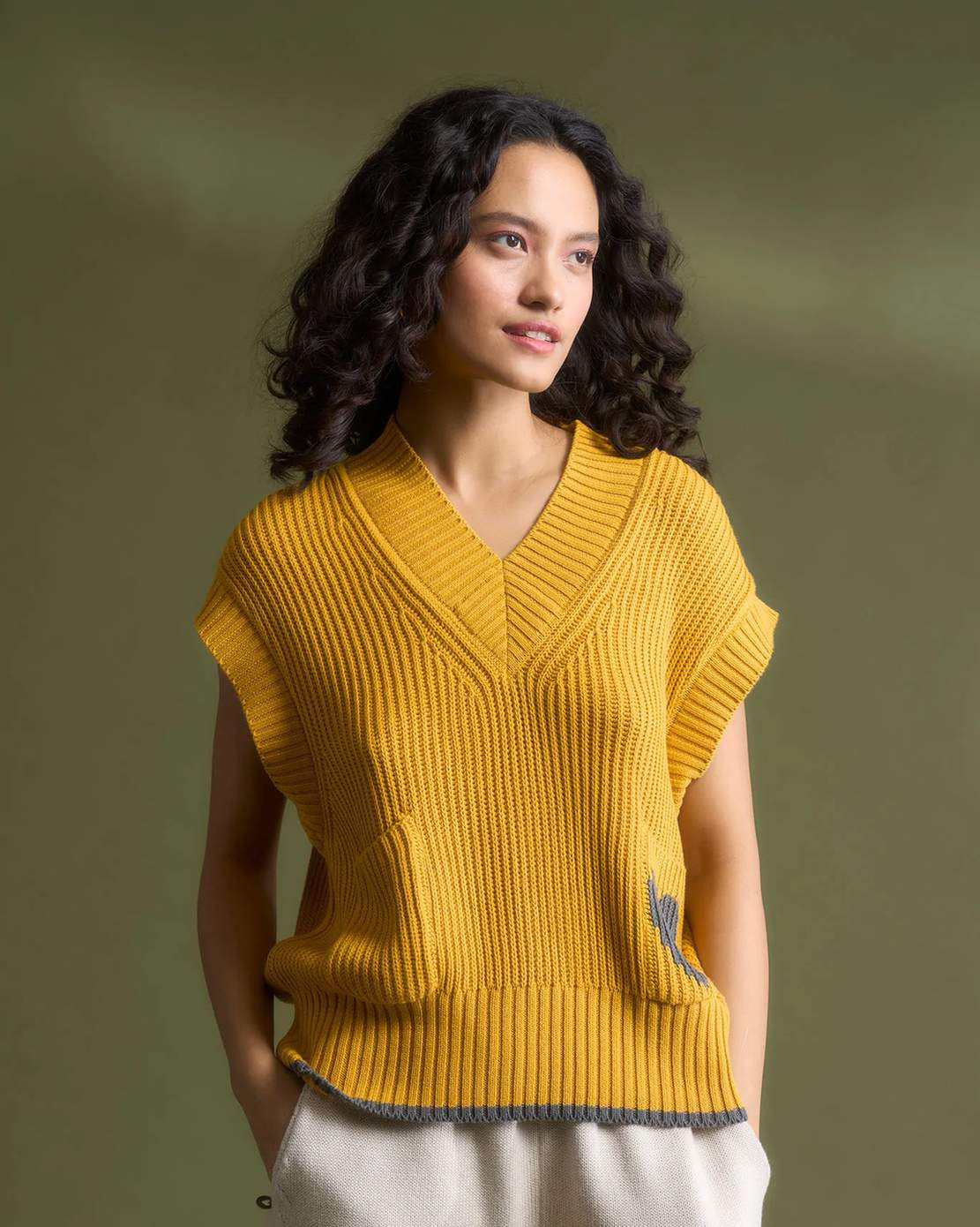 Nicobar Lunar V-neck Sweater in Mustard, INR 5,250