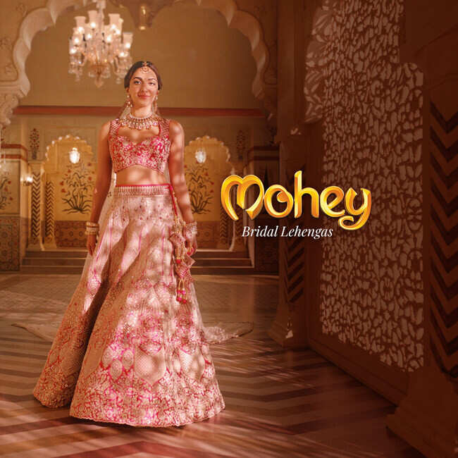 Buy Natural Fawn Lattice Patterned Mirrored Bridal Lehenga Online in India @ Mohey - Lehenga for Women